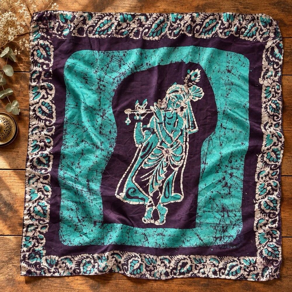 Silk Batik Square Scarf Turquoise Purple Lord Krishna Flute Player Paisley Boho